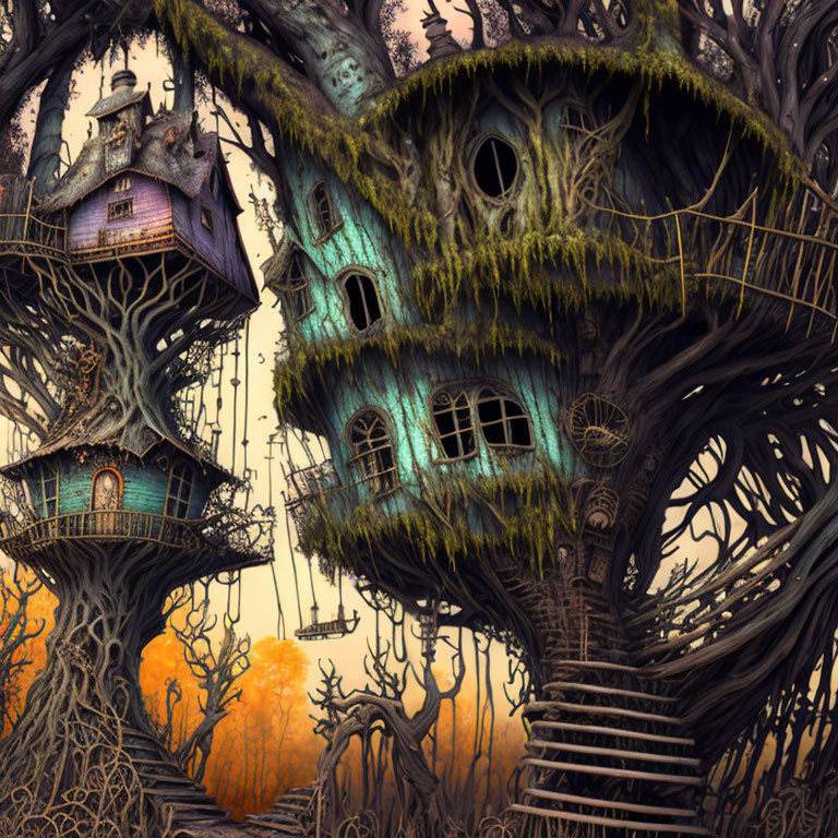 Enchanting tree houses with staircases and bridges in eerie forest landscape