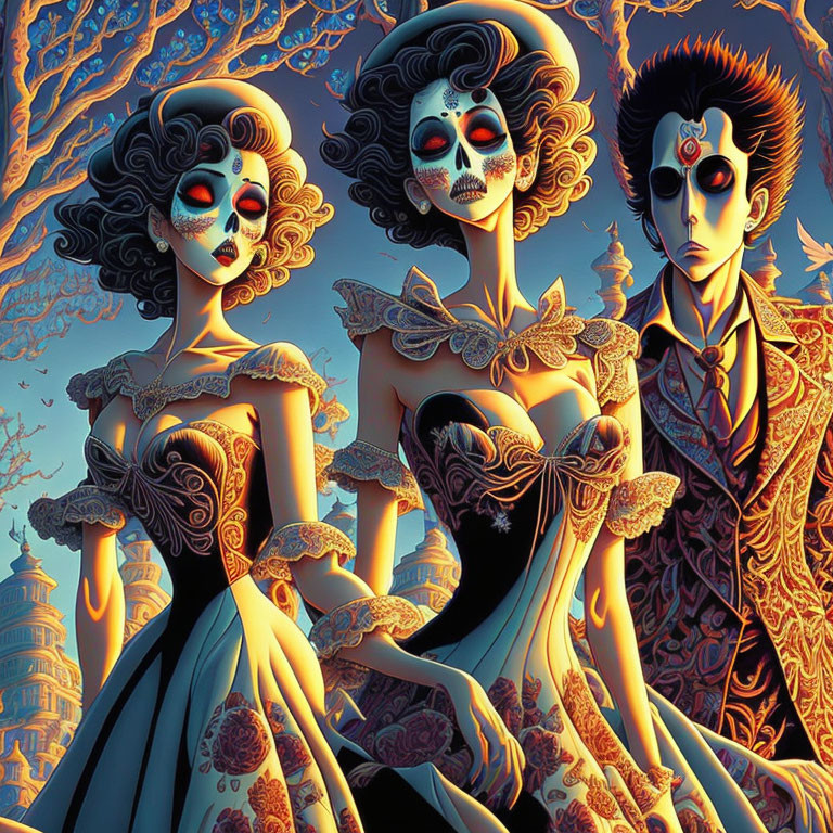 Stylized figures with skeletal face paint in ornate attire against detailed backdrop