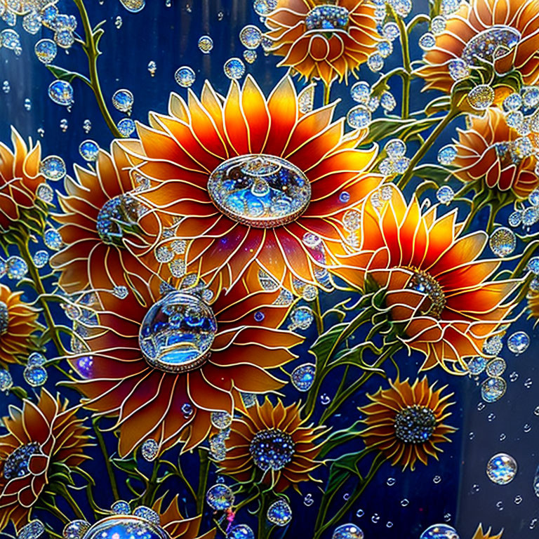 Colorful stained glass-style illustration of orange flowers with intricate patterns on a dark blue background.