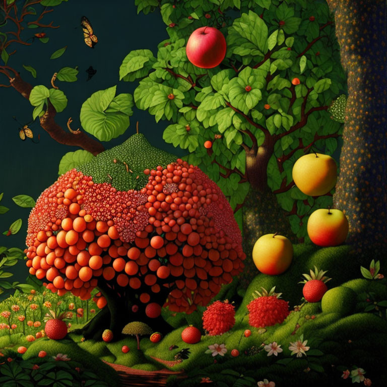 Lush Garden Painting with Oversized Apples and Red Berries