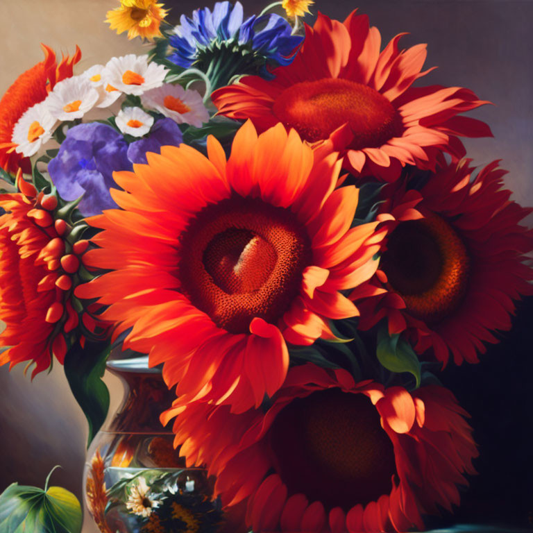 Colorful Sunflower Bouquet with White Daisies and Blue Flowers in Glass Vase