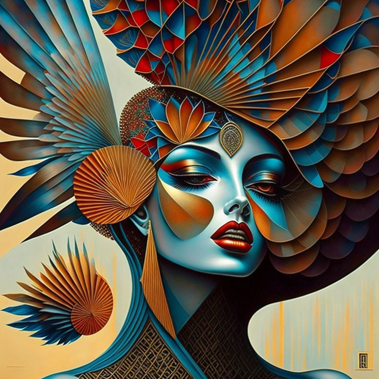 Woman with Feather-like Elements and Geometric Shapes in Warm Colors