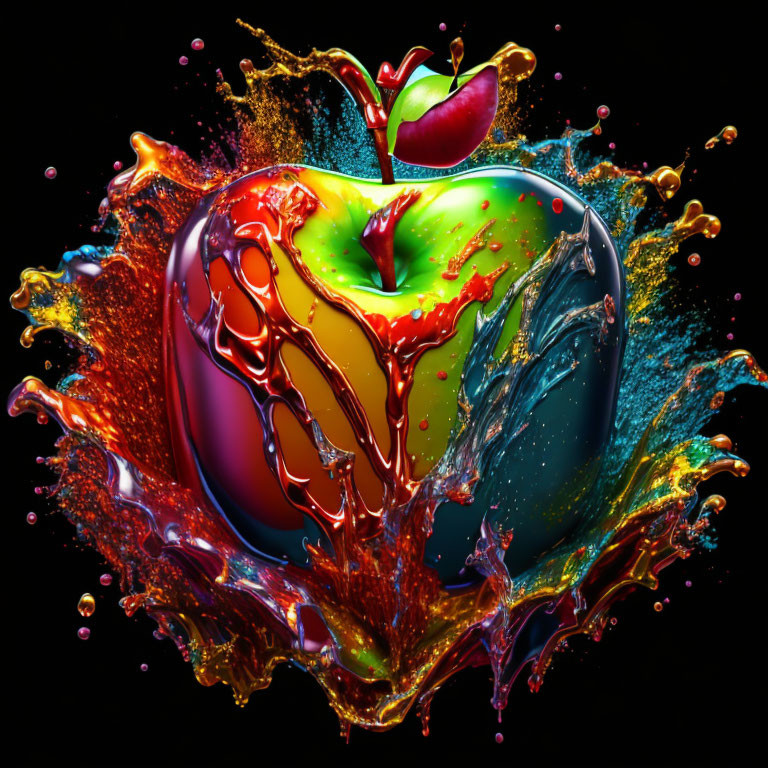 Colorful liquid splash on large apple against black background