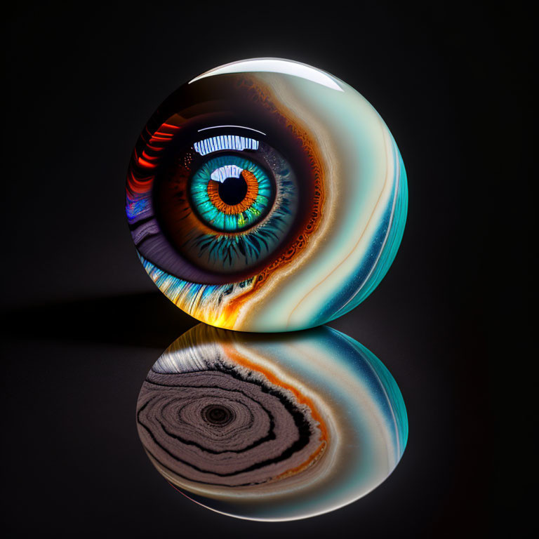 Colorful Eye Design Glass Orb on Dark Surface