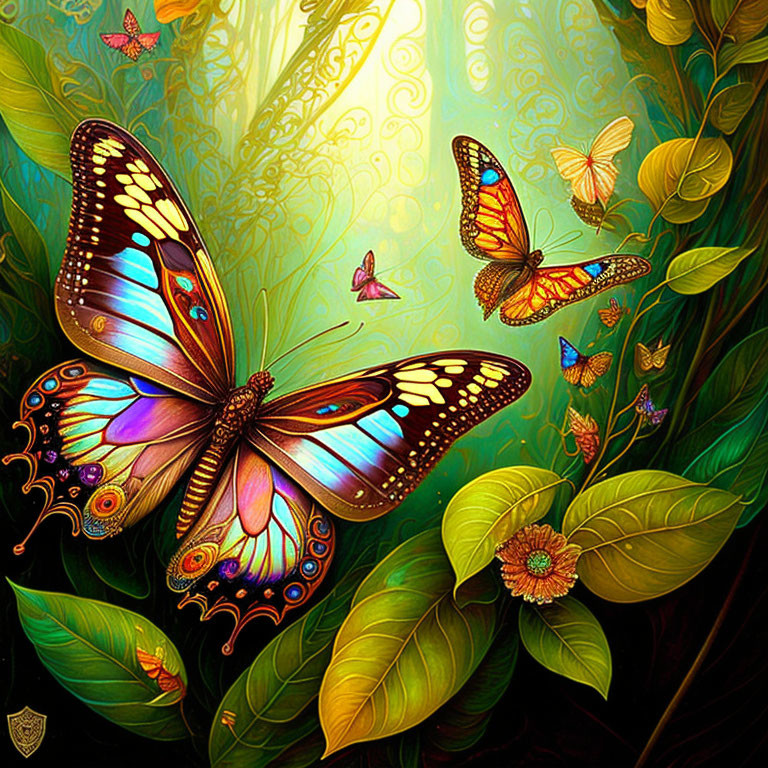 Colorful Butterfly Digital Artwork with Intricate Foliage