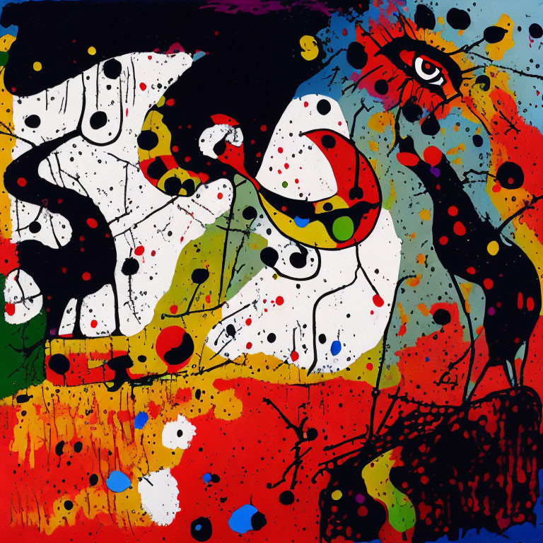 Vibrant Abstract Painting with Red, Black, White, and Yellow Splatters and Stylized