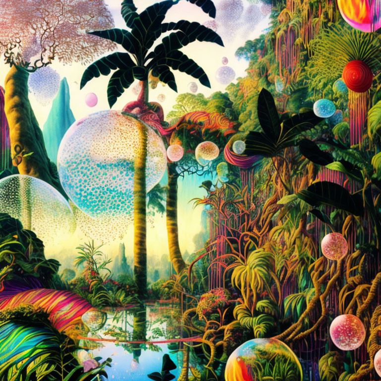 Colorful Fantasy Landscape with Vegetation, Bubbles, and Butterfly