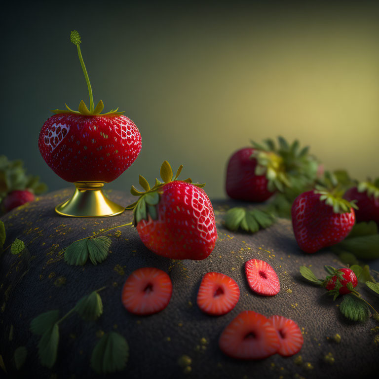 Strawberries arranged as flowers on pedestal with leaves and slices on dark background