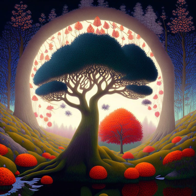 Vibrant forest scene with central tree under glowing moon