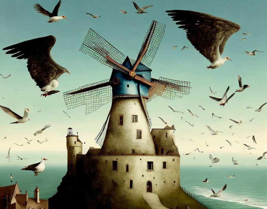 Windmill with Lighthouse Features and Flying Seagulls in Serene Sky