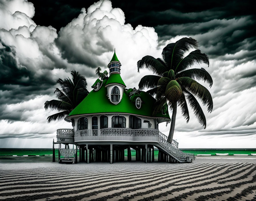 Green-roofed house on pier with palm trees under dramatic sky