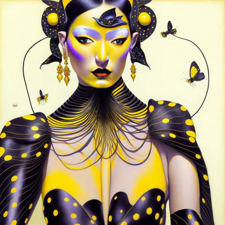 Illustration of person with yellow and black polka-dot skin, dramatic makeup, large earrings, and