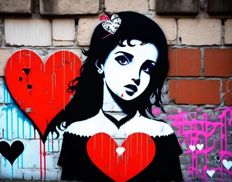 Stylized woman graffiti with black hair and heart dress on brick wall