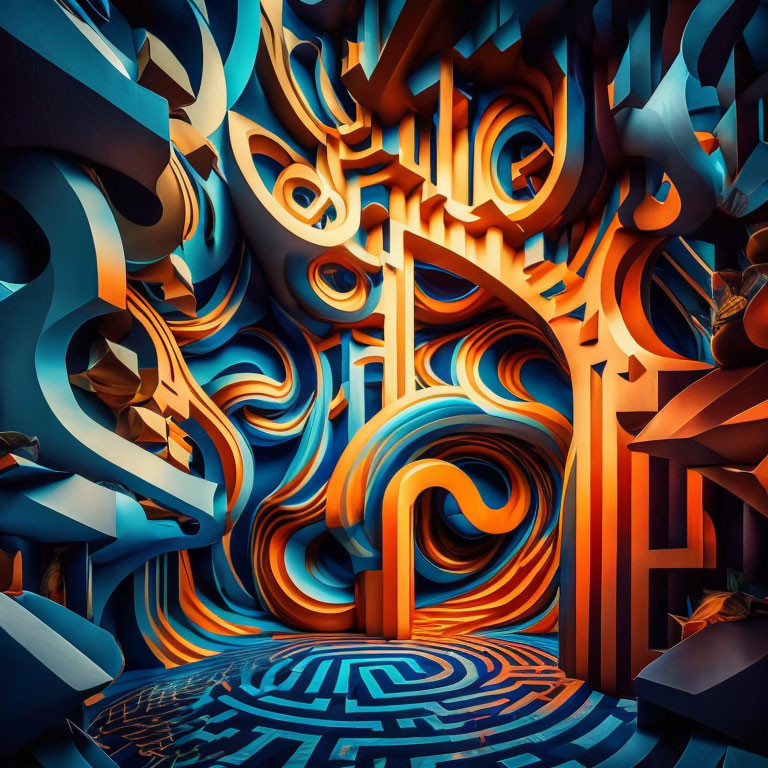 Abstract digital artwork: Intricate swirls & architectural forms in blue & orange hues