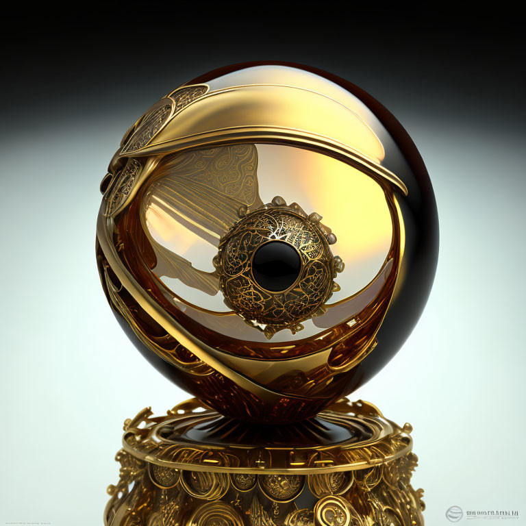 Intricate Golden Sphere with Black Center on Softly Lit Background