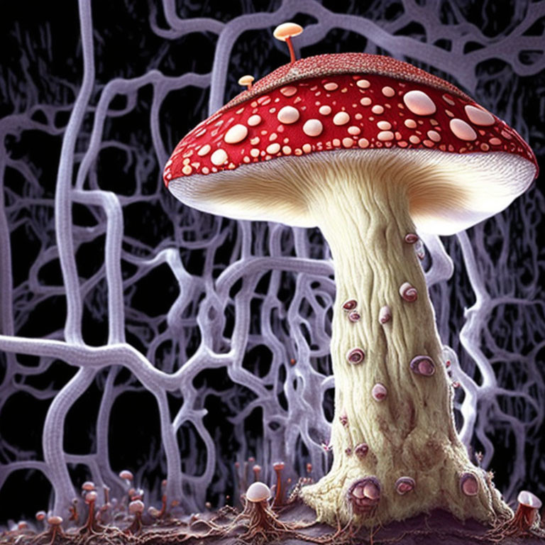 Vibrant red mushroom with white spots in a forest setting