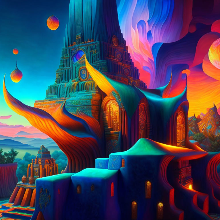 Fantasy landscape with colorful architecture and swirling sky