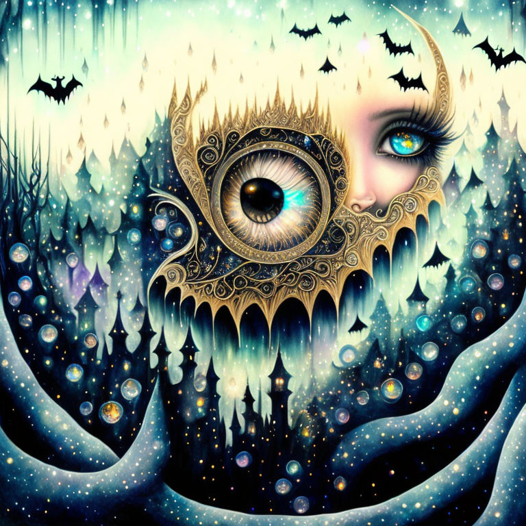 Surreal fantasy artwork: large ornate eye in starry space with tentacles, bats,