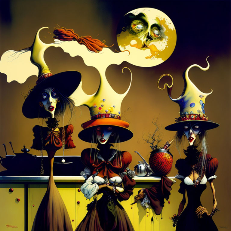 Stylized witches with exaggerated hats by bubbling cauldron under full moon