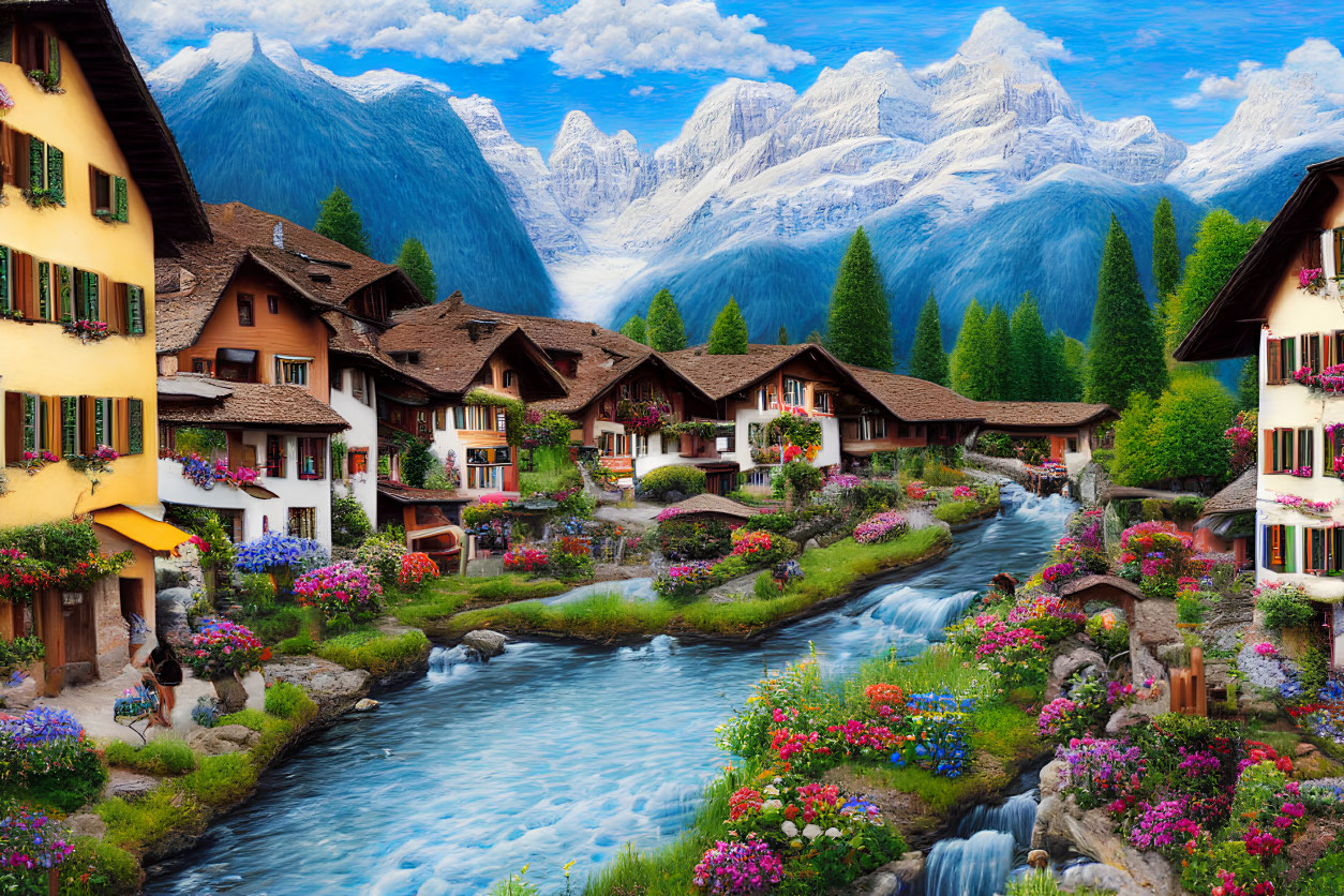 Scenic village with traditional houses, flowers, river, and mountains