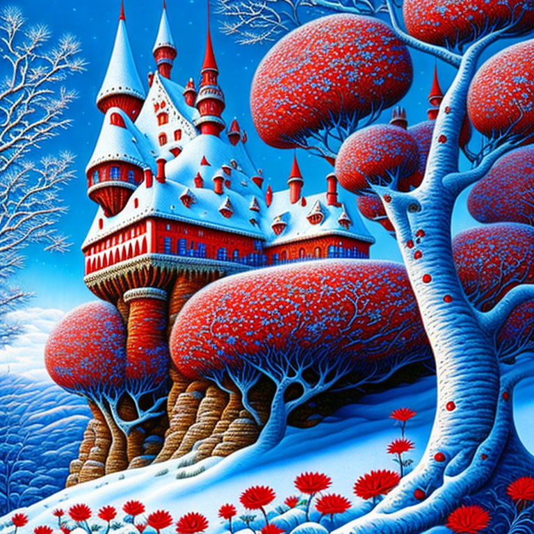 Whimsical castle with red and white spires in snowy landscape