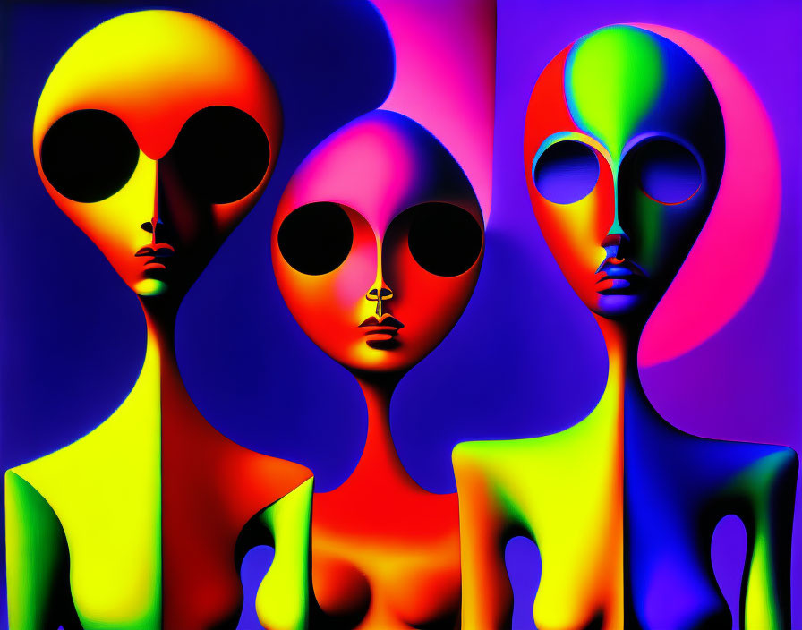 Abstract Figures with Elongated Faces and Dark Eyes on Neon Background