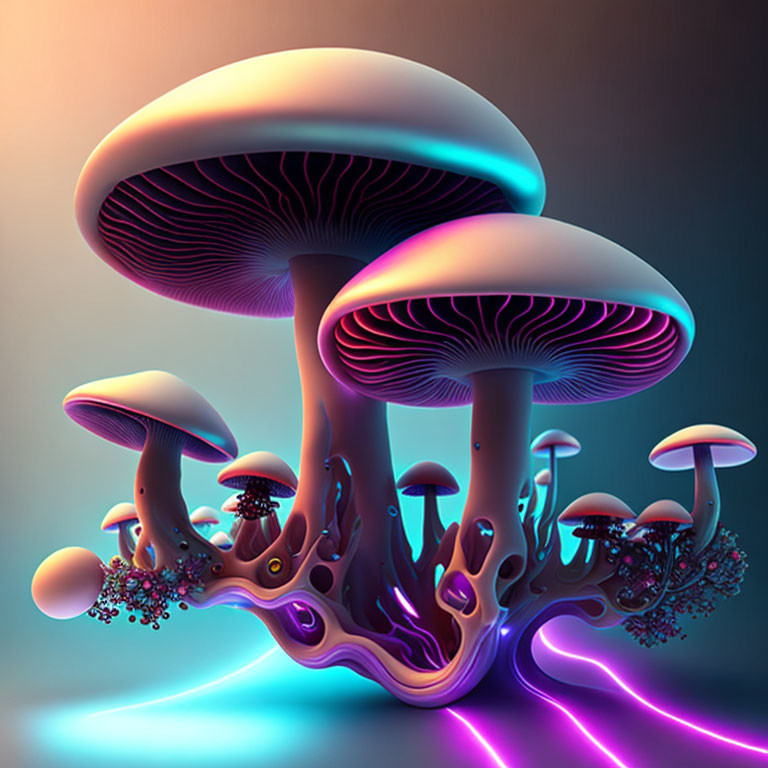 Colorful stylized mushrooms in neon fantasy artwork