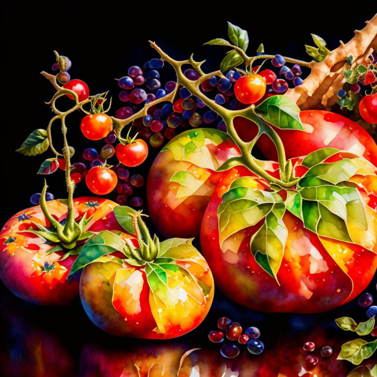 Colorful Still Life Painting of Ripe Tomatoes, Blueberries, and Green Leaves