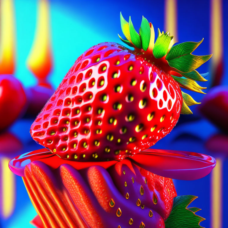 Colorful Strawberry Digital Artwork with Exaggerated Textures and Blurred Flames Background