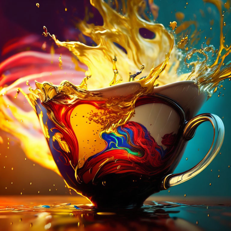 Colorful coffee and milk swirl from ornate cup on abstract background