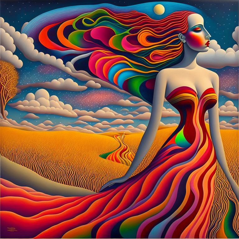 Vibrant surreal illustration of woman blending with wavy landscape