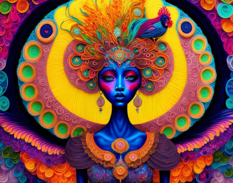 Colorful digital artwork featuring woman with blue skin and peacock feather headdress.