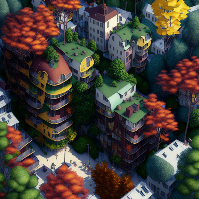 Whimsical architecture with foliage-covered buildings in autumn setting