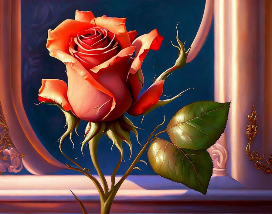 Detailed Vibrant Red Rose on Purple Background with Golden Frame