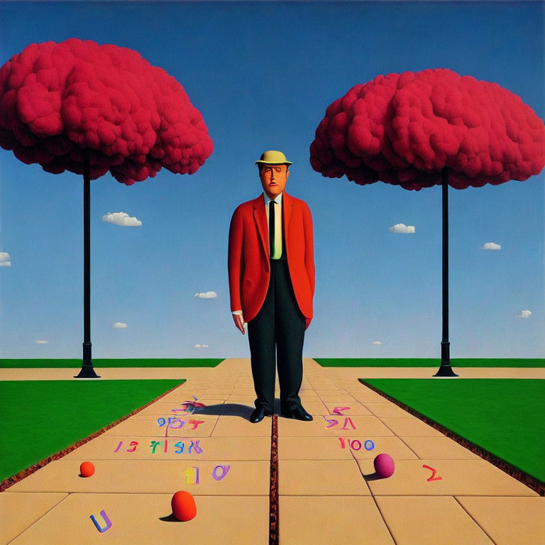 Man in red suit and yellow hat on hopscotch pathway with pink trees under blue sky