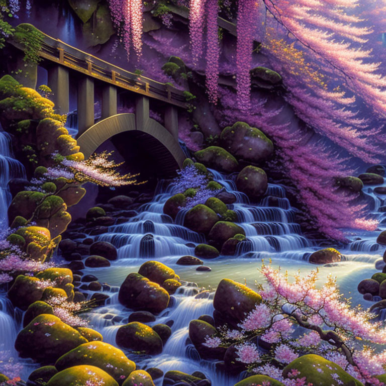 Tranquil waterfall scene with pink trees and bridge