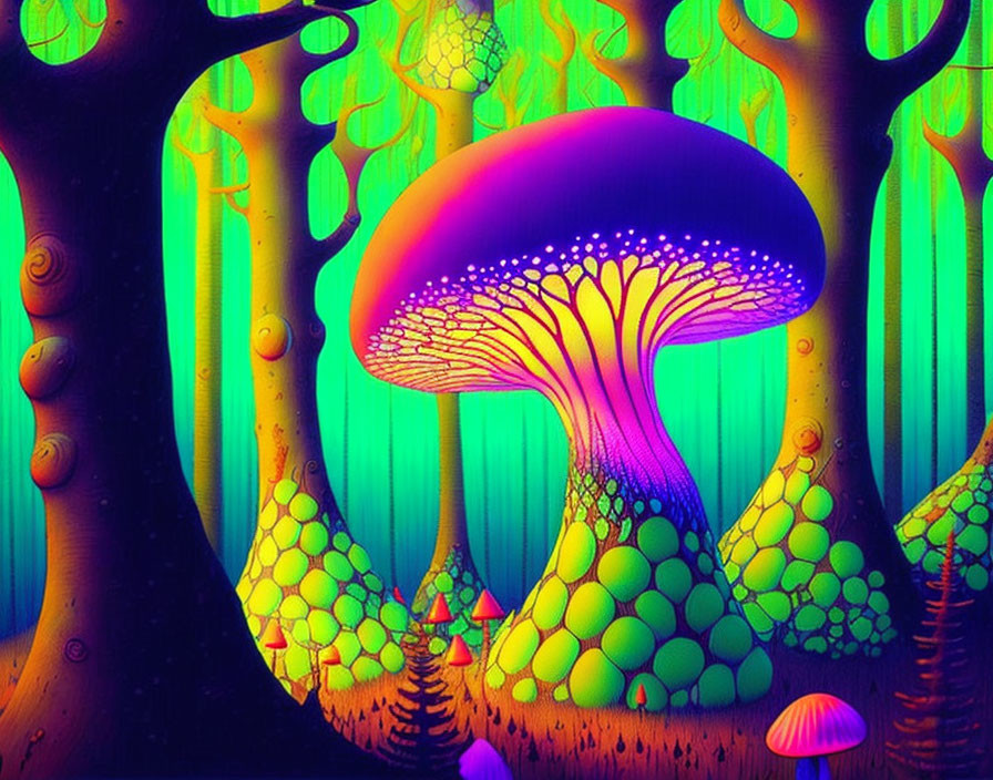 Colorful Psychedelic Forest Scene with Glowing Mushroom and Neon Background