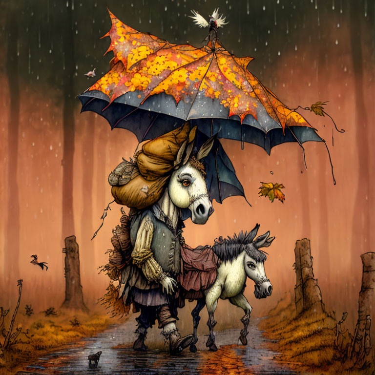 Donkey-headed figure in vintage attire with horse under umbrella