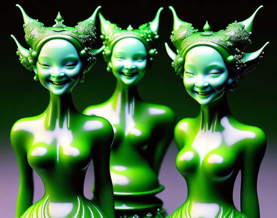 Three stylized green female figures with exaggerated smiles and elaborate headpieces on dark background