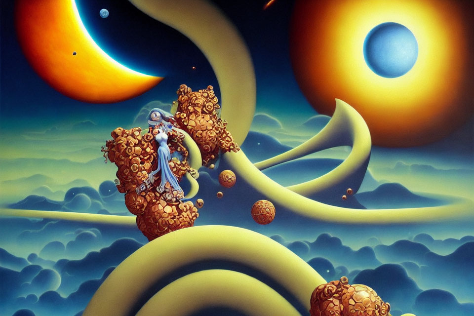 Surreal cosmic scene with person on golden flower structure, moons, planets, starry backdrop