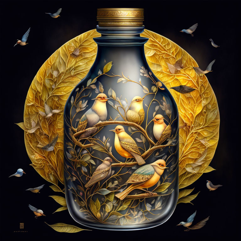 Ornate glass bottle with golden leaves and bird designs on dark background