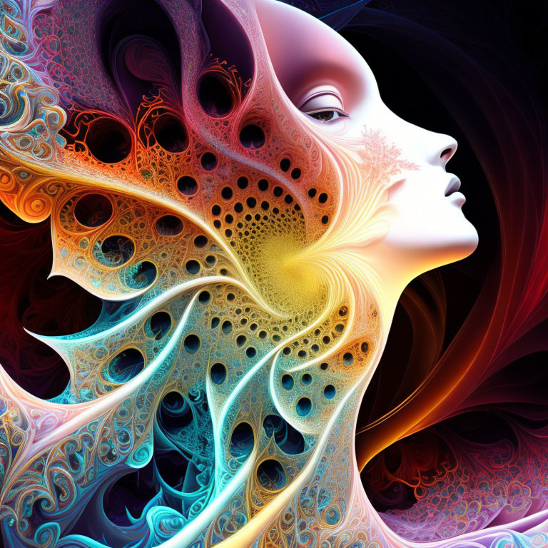 Vibrant digital artwork: Woman's profile with intricate fractal patterns