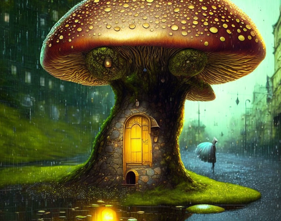 Whimsical artwork of large mushroom with glowing windows and person holding umbrella in rain