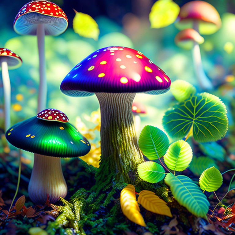 Fantasy-Inspired Mushrooms in Vibrant Forest Setting