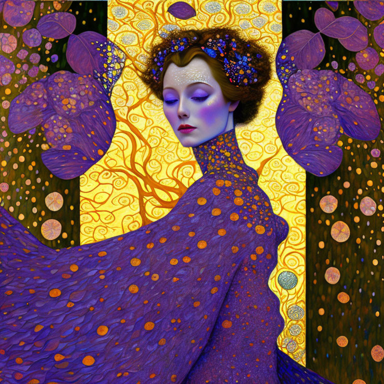 Stylized portrait of a woman with purple and gold Art Nouveau decoration