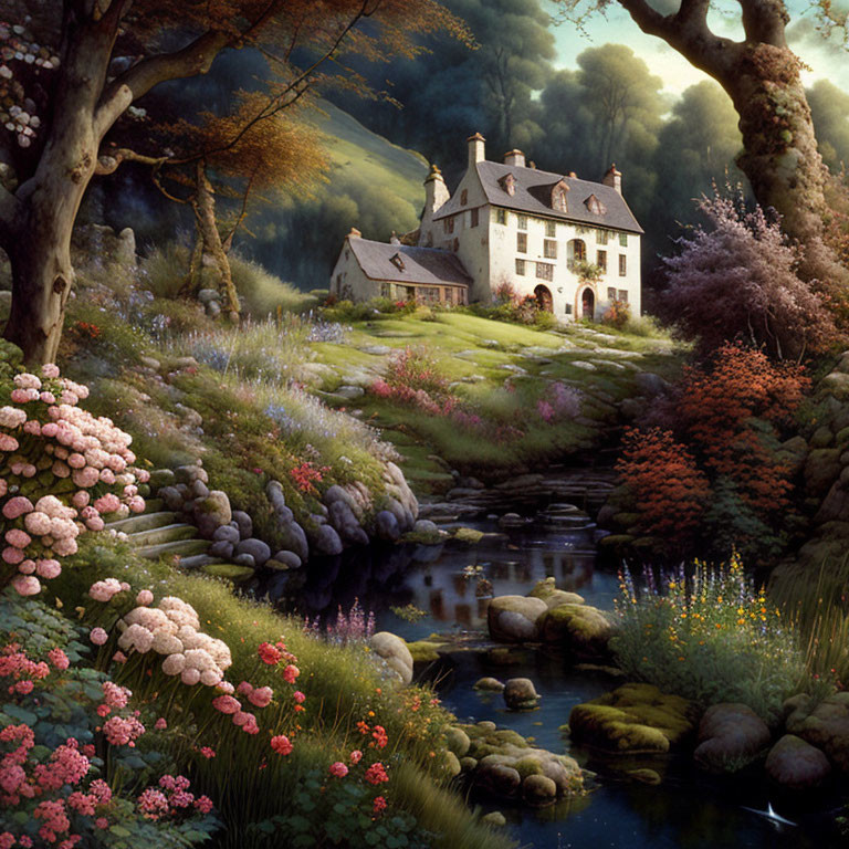 Tranquil landscape with white cottage, flowers, trees, and stream