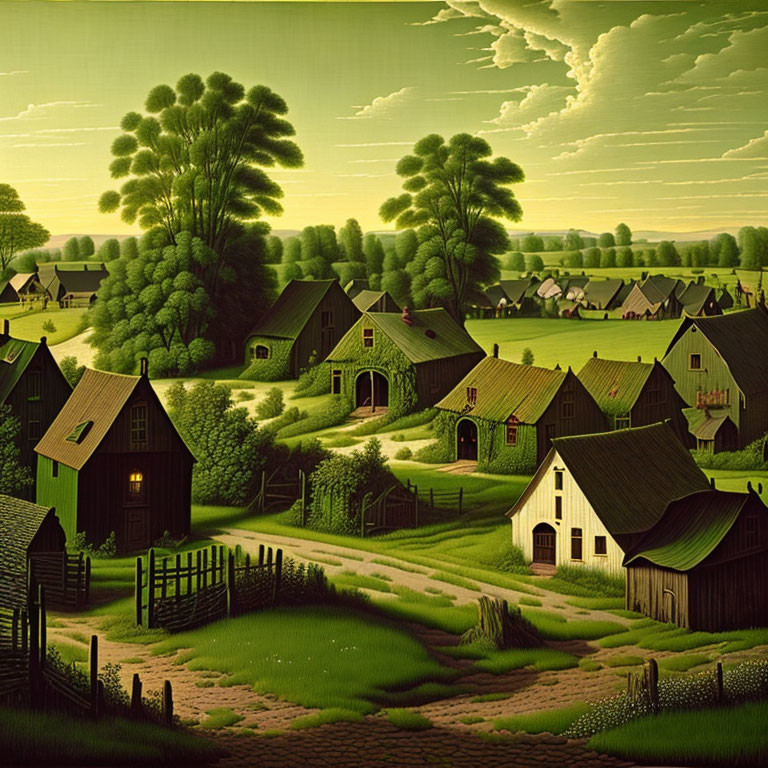 Rural landscape with green pastures, red-roofed houses, tree, rolling hills