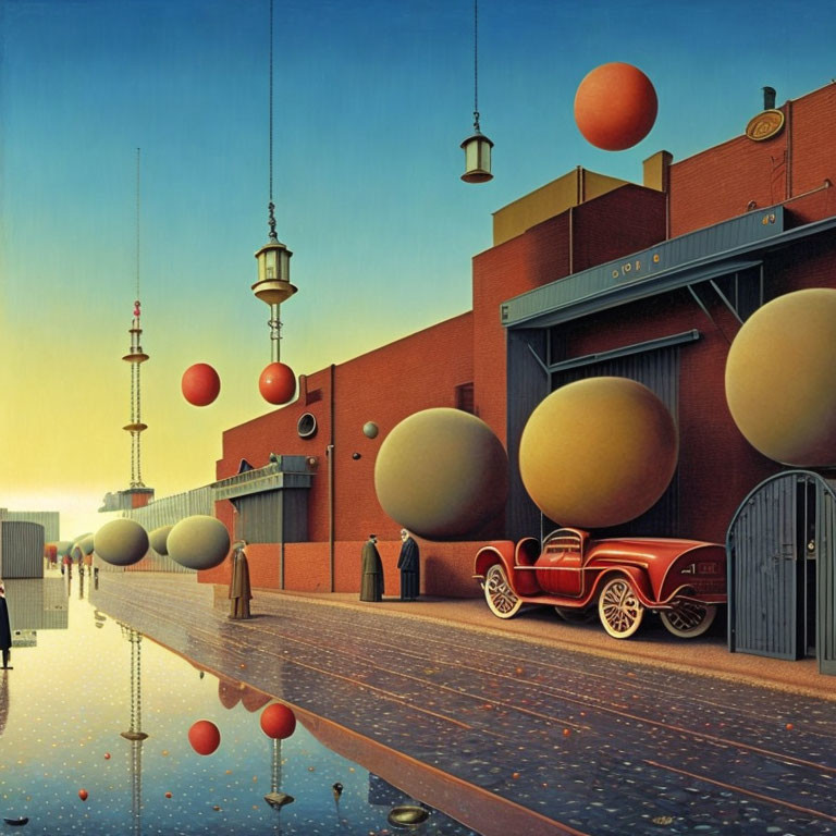 Colorful Spheres Float Above Water-Filled Street with Vintage Car and Figure