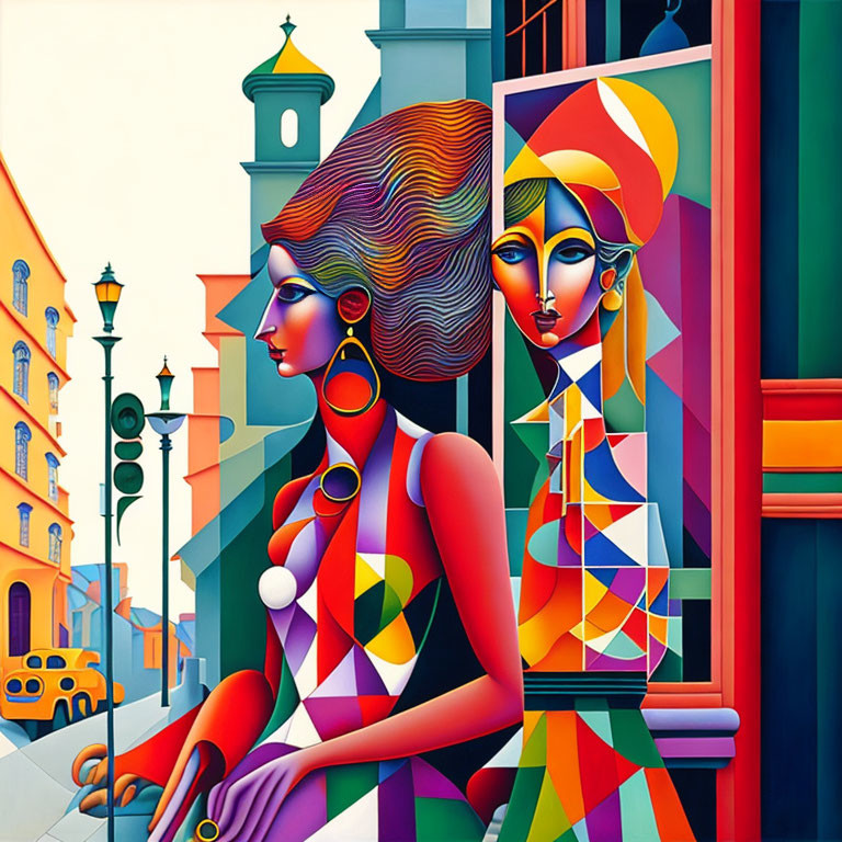 Vibrant Cubist-Style Painting of Two Women in Urban Scene