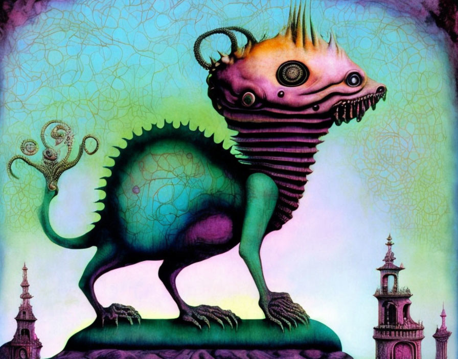 Fantastical creature with large eye and ornate horns in whimsical setting